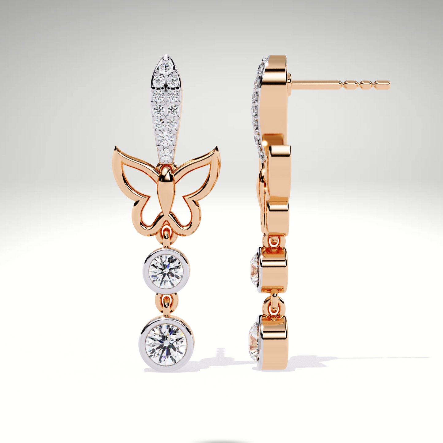 Diamond Butterfly Drop Earrings | 9K-14K-18K Solid Gold, Modern Elegant Design