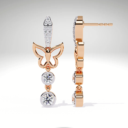 Diamond Butterfly Drop Earrings | 9K-14K-18K Solid Gold, Modern Elegant Design