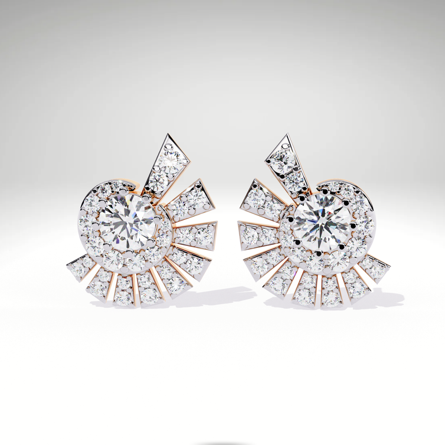 Sunburst Stud Earrings | 9K-14K-18K Solid Gold Round Diamond Halo with Radiating Fan Design | Statement Studs for Women