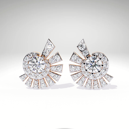 Sunburst Stud Earrings | 9K-14K-18K Solid Gold Round Diamond Halo with Radiating Fan Design | Statement Studs for Women