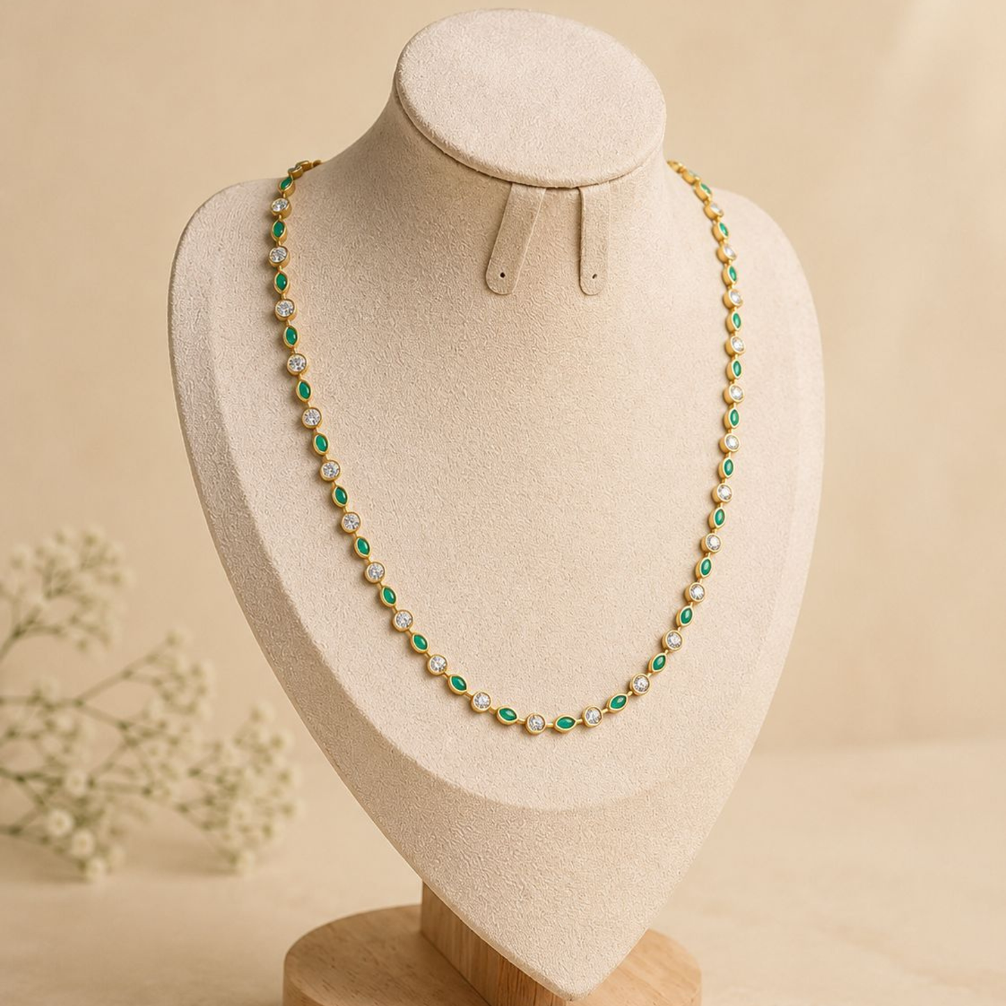 14K & 18K Gold Lab Grown Diamond & Emerald Tennis Necklace | Marquise & Round Luxury Birthstone Necklace
