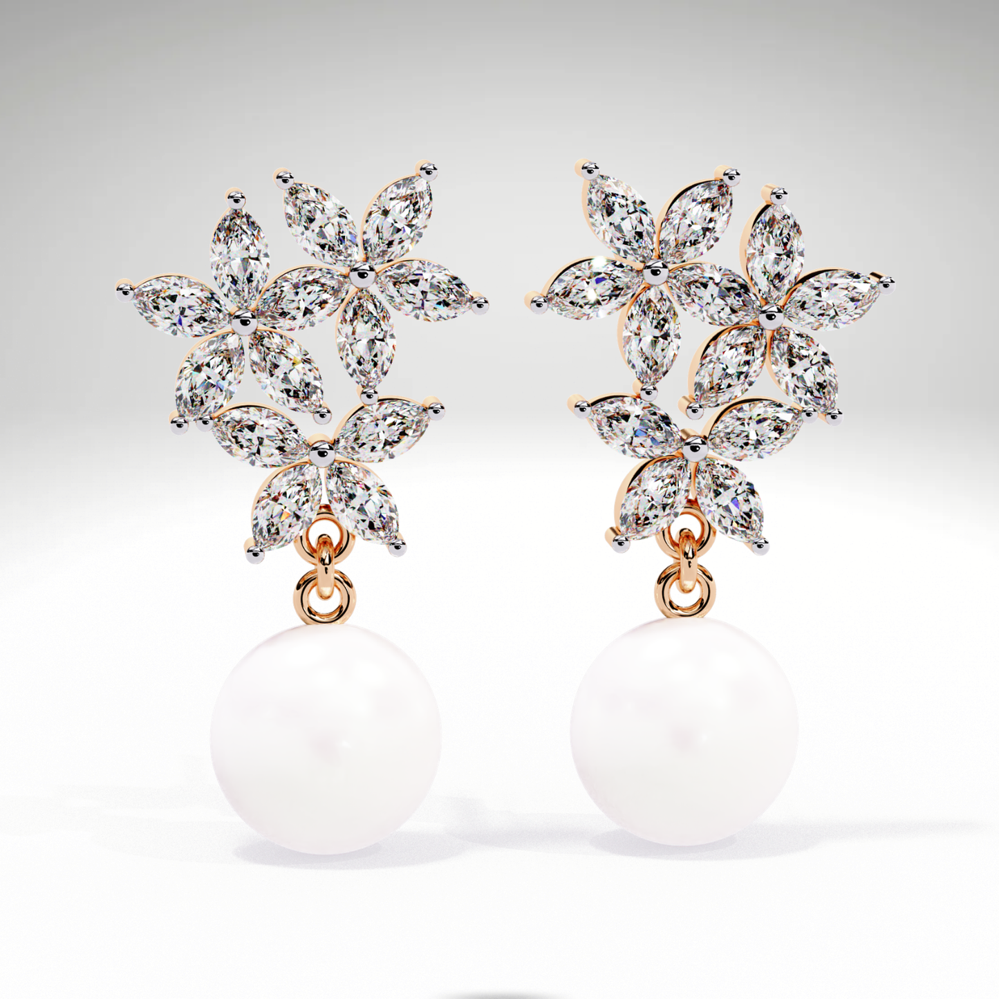 Pearl Drop Earrings | Marquise Floral Diamond Earrings | 9K-14K-18K Gold Pearl Dangle Earrings for Women