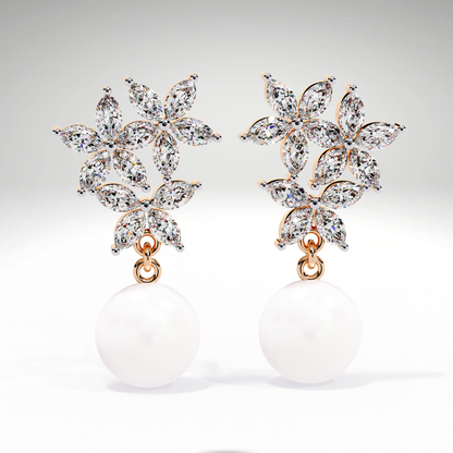 Pearl Drop Earrings | Marquise Floral Diamond Earrings | 9K-14K-18K Gold Pearl Dangle Earrings for Women