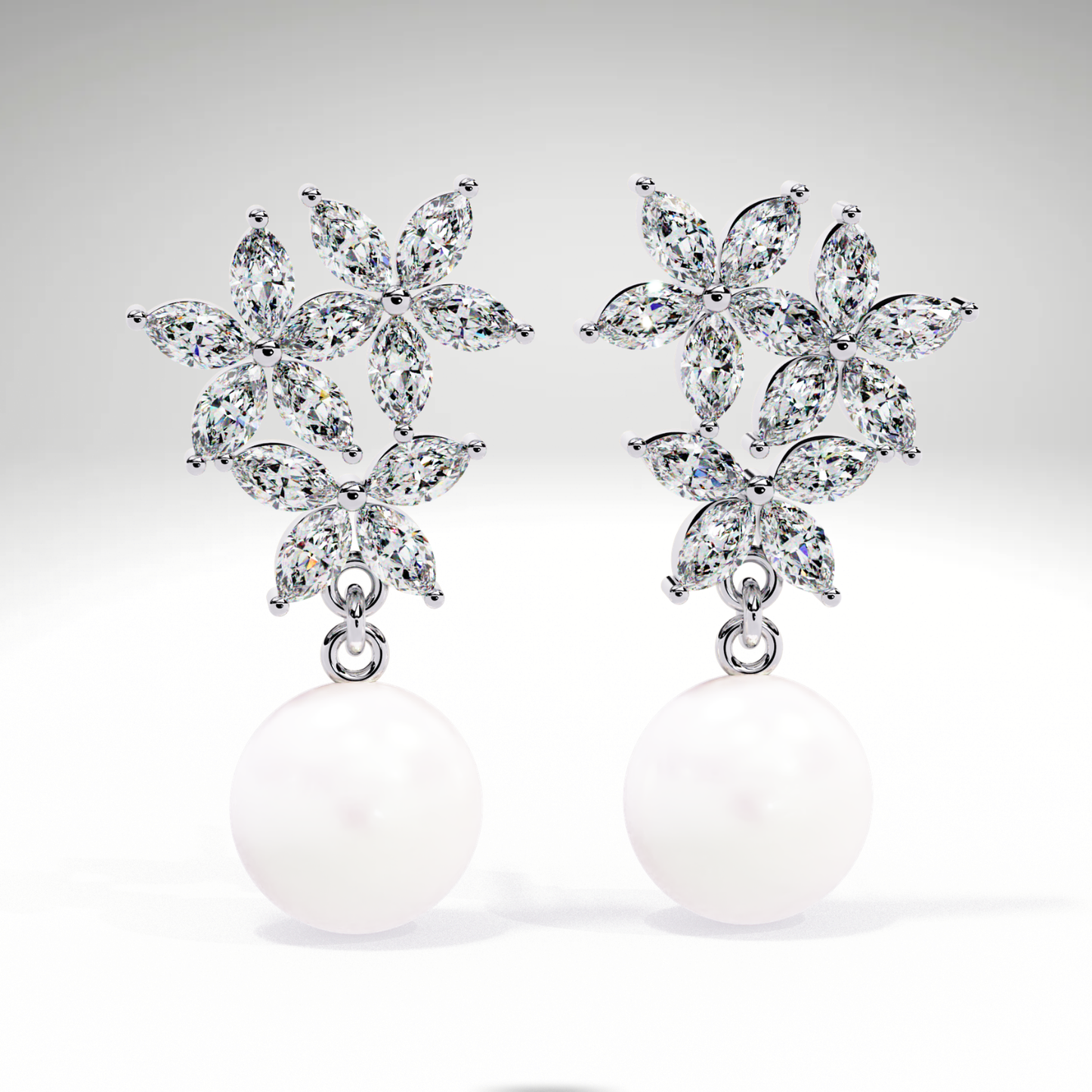 Pearl Drop Earrings | Marquise Floral Diamond Earrings | 9K-14K-18K Gold Pearl Dangle Earrings for Women