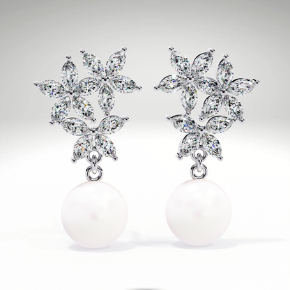 Pearl Drop Earrings | Marquise Floral Diamond Earrings | 9K-14K-18K Gold Pearl Dangle Earrings for Women