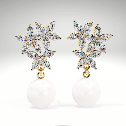 Pearl Drop Earrings | Marquise Floral Diamond Earrings | 9K-14K-18K Gold Pearl Dangle Earrings for Women