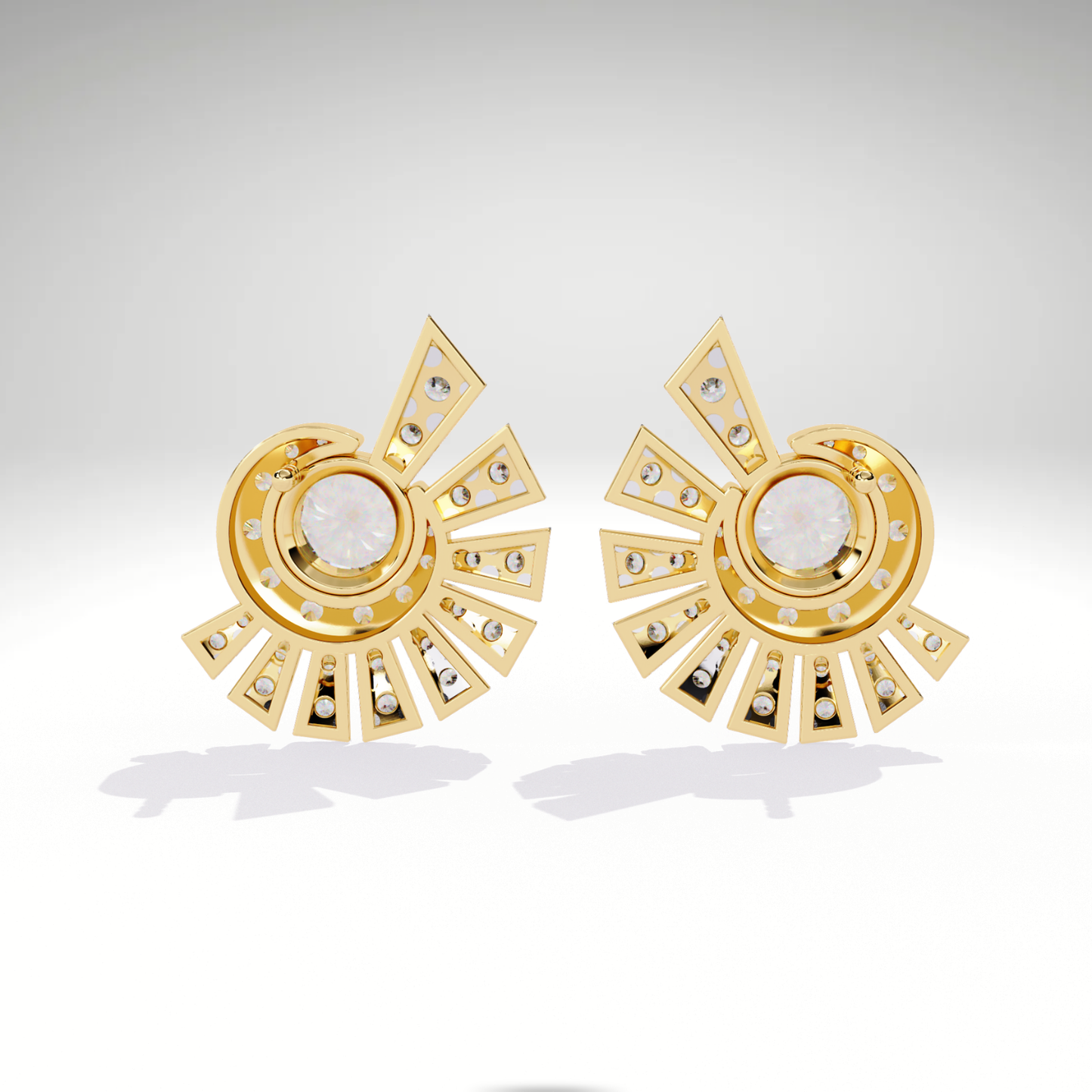 Sunburst Stud Earrings | 9K-14K-18K Solid Gold Round Diamond Halo with Radiating Fan Design | Statement Studs for Women