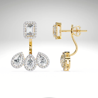 Emerald Cut & Pear Diamond Cascade Earrings | Solid Gold Gift For Her
