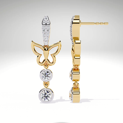 Diamond Butterfly Drop Earrings | 9K-14K-18K Solid Gold, Modern Elegant Design