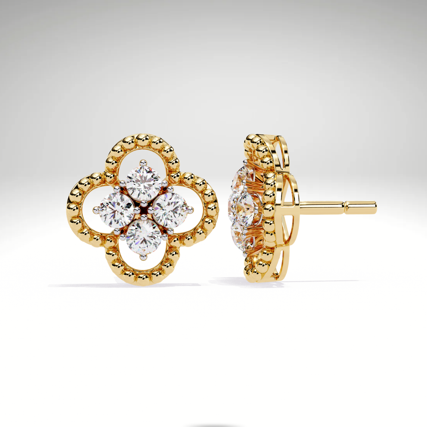 Gold Diamond Clover Stud Earrings | Four Leaf Flower Earrings | Solid Gold Lucky Charm Studs