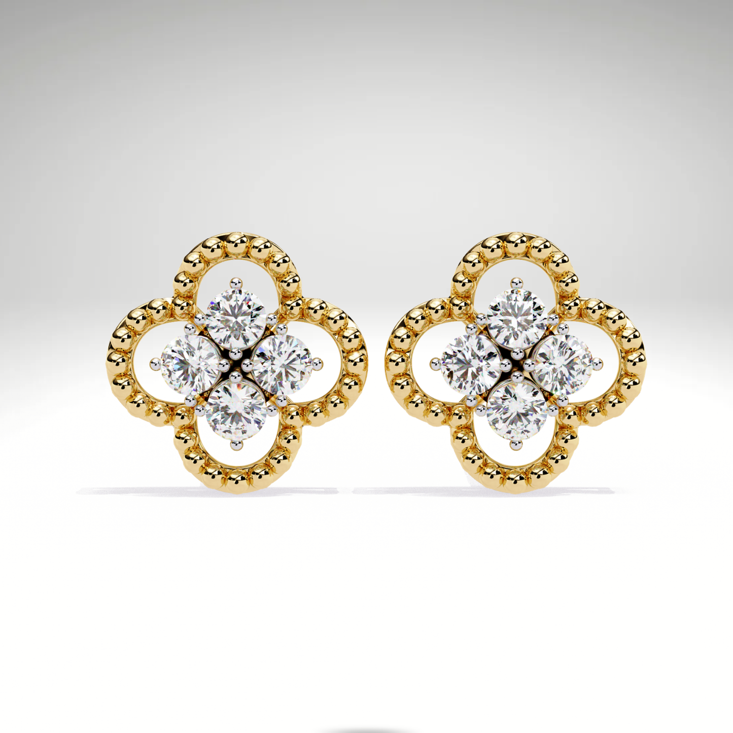 Gold Diamond Clover Stud Earrings | Four Leaf Flower Earrings | Solid Gold Lucky Charm Studs