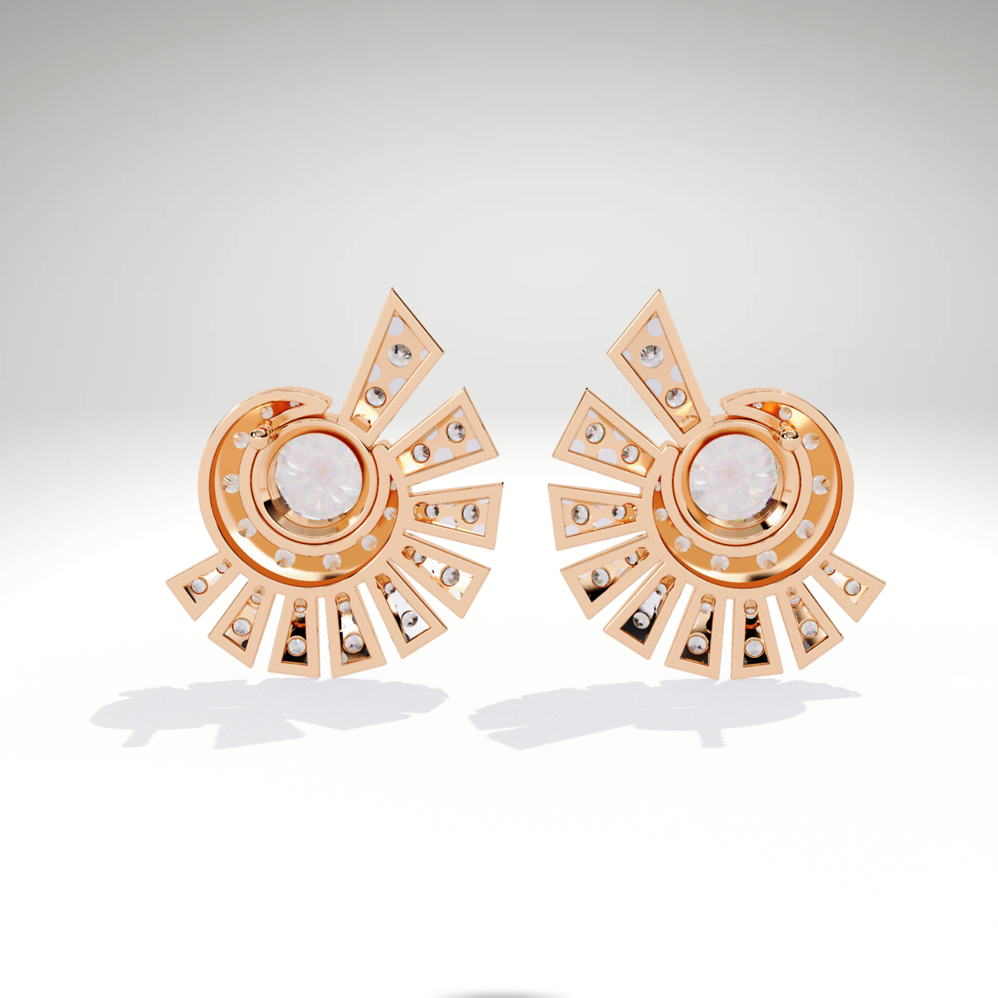 Sunburst Stud Earrings | 9K-14K-18K Solid Gold Round Diamond Halo with Radiating Fan Design | Statement Studs for Women