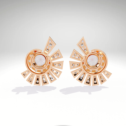 Sunburst Stud Earrings | 9K-14K-18K Solid Gold Round Diamond Halo with Radiating Fan Design | Statement Studs for Women