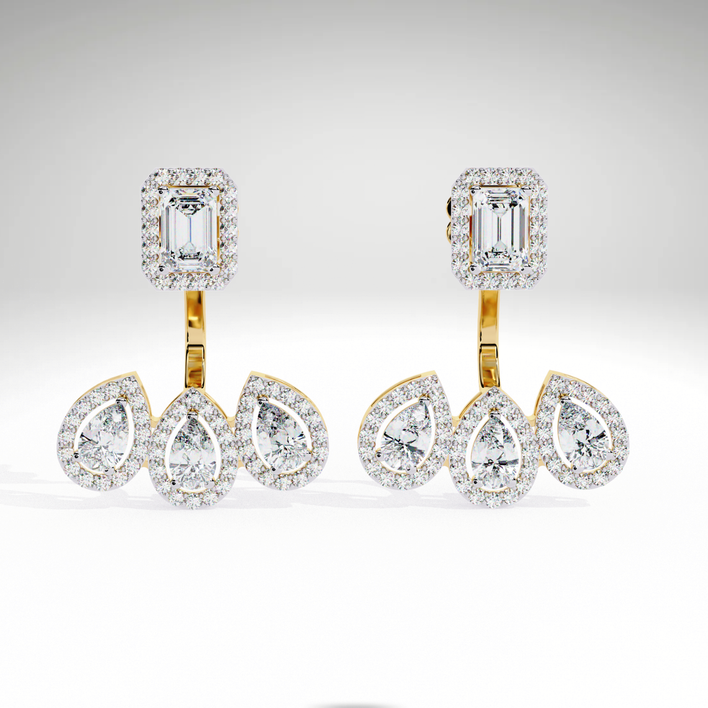 Emerald Cut & Pear Diamond Cascade Earrings | Solid Gold Gift For Her