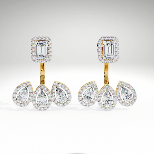 Emerald Cut & Pear Diamond Cascade Earrings | Solid Gold Gift For Her