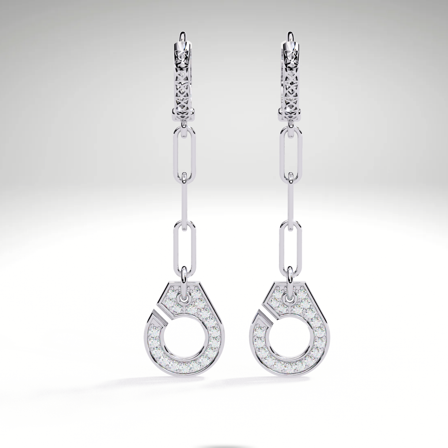 Pave Diamond Paperclip Chain Drop Dangle Earrings | Modern Geometric Statement Earrings