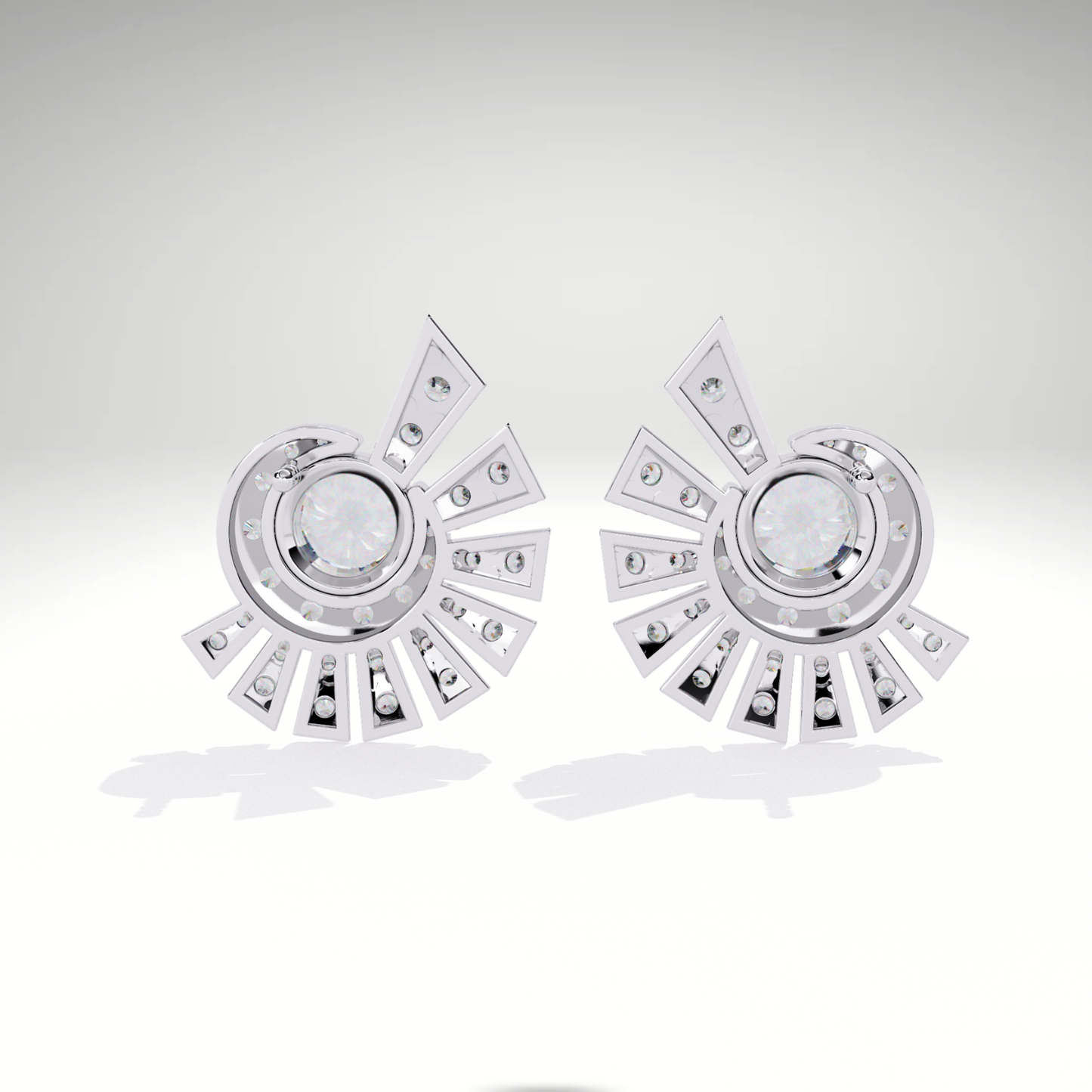 Sunburst Stud Earrings | 9K-14K-18K Solid Gold Round Diamond Halo with Radiating Fan Design | Statement Studs for Women