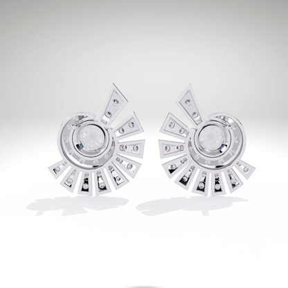 Sunburst Stud Earrings | 9K-14K-18K Solid Gold Round Diamond Halo with Radiating Fan Design | Statement Studs for Women