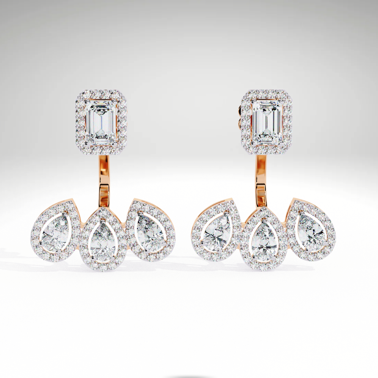 Emerald Cut & Pear Diamond Cascade Earrings | Solid Gold Gift For Her