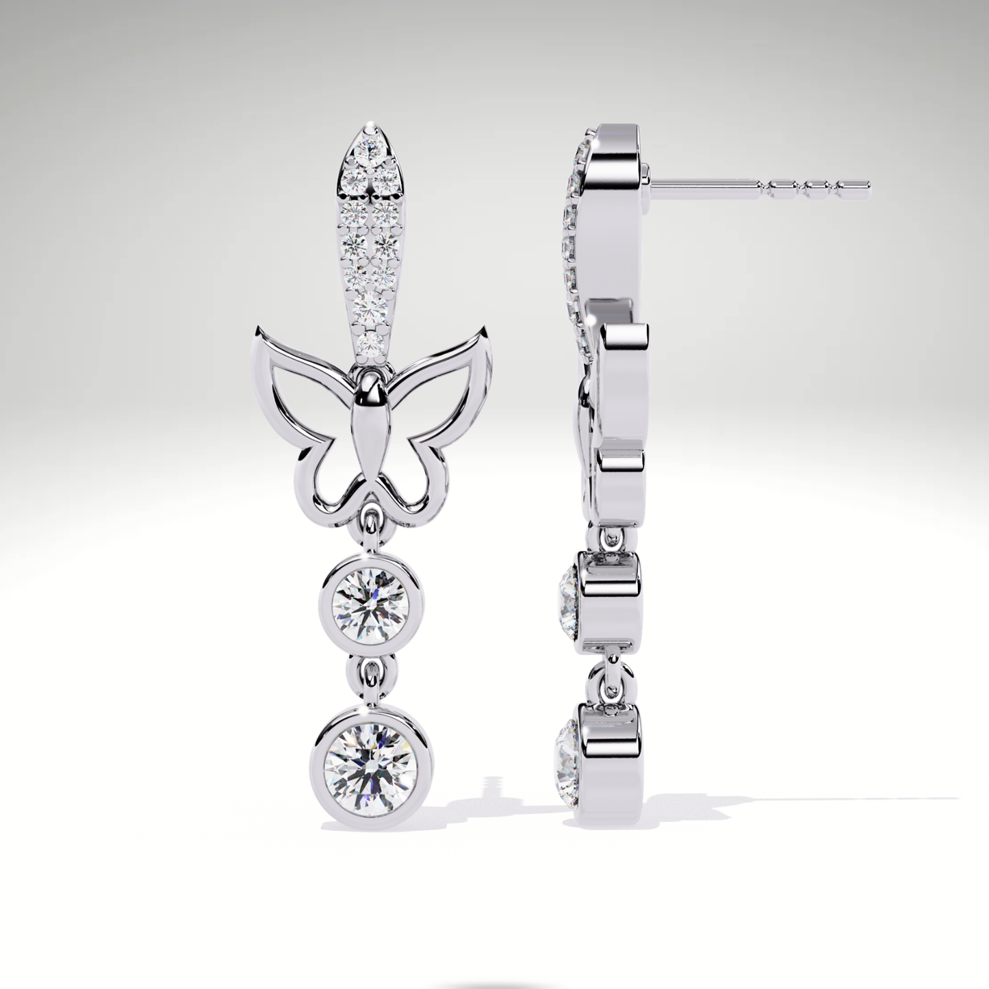 Diamond Butterfly Drop Earrings | 9K-14K-18K Solid Gold, Modern Elegant Design