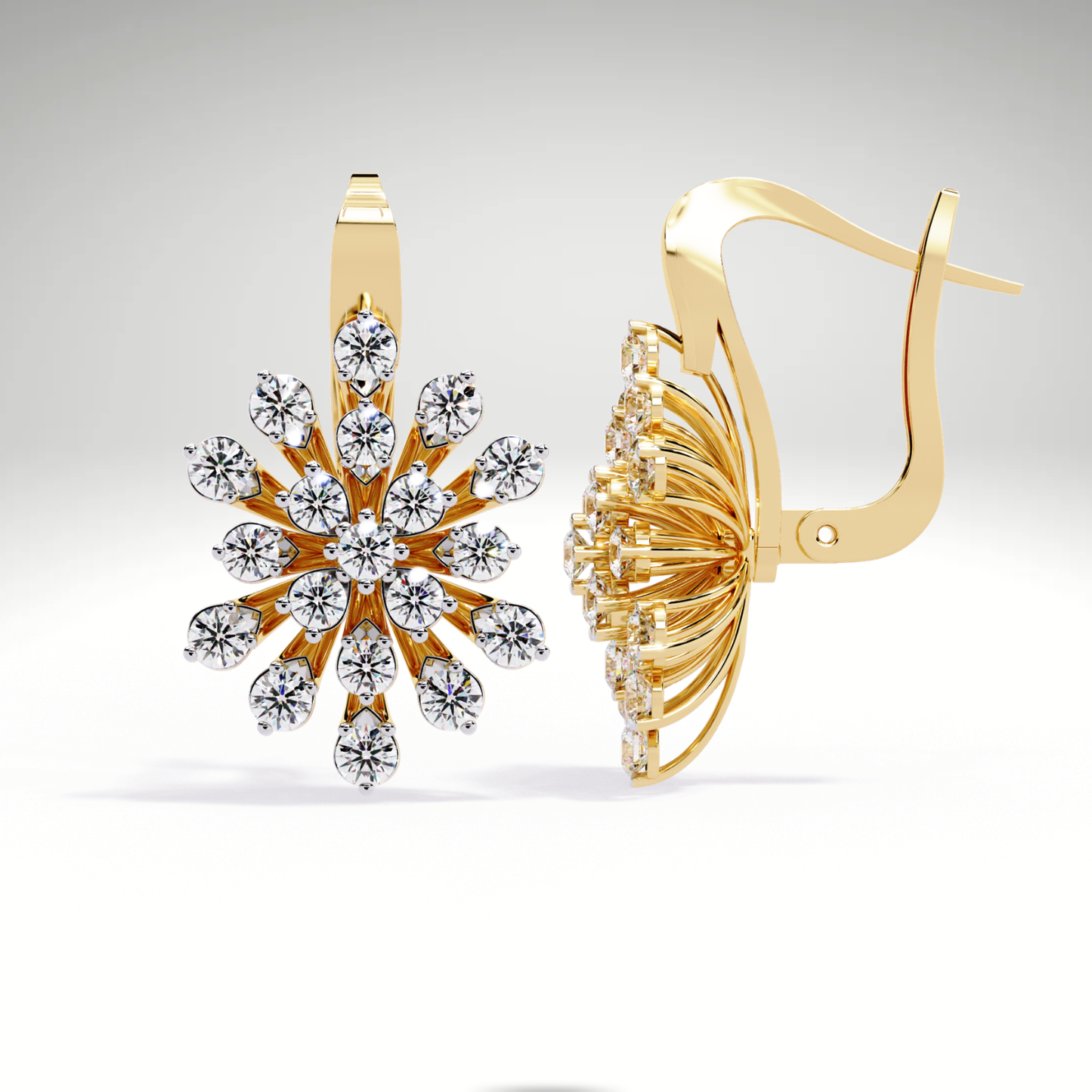 Golden Snowflake Diamond Hoop Earrings | Starburst Dangles in 9K-14K-18K Solid Gold