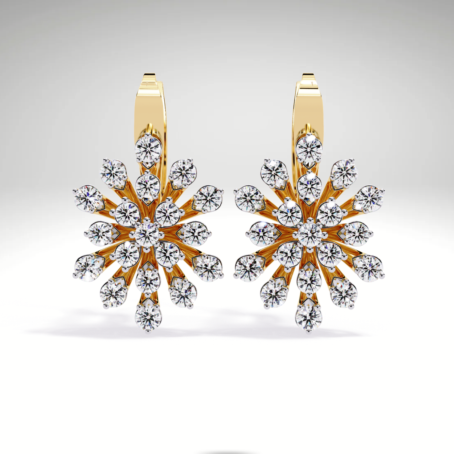 Golden Snowflake Diamond Hoop Earrings | Starburst Dangles in 9K-14K-18K Solid Gold