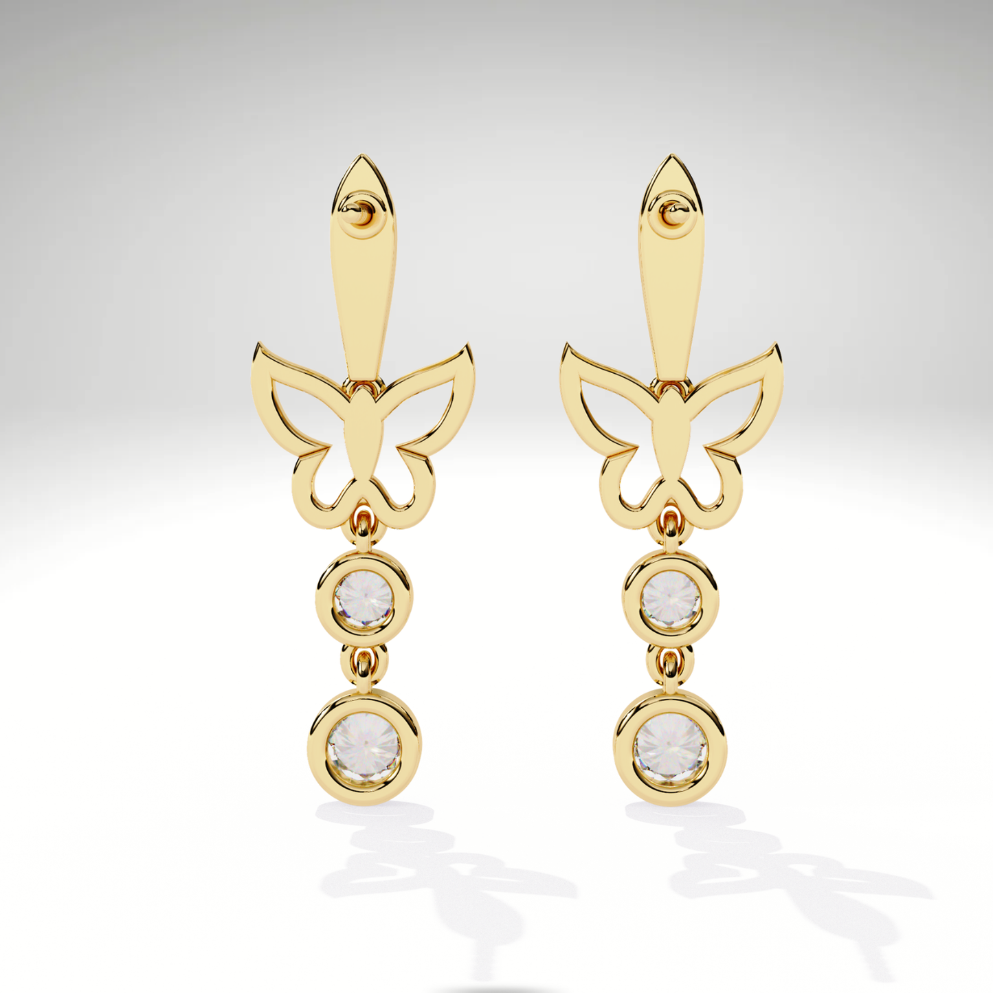 Diamond Butterfly Drop Earrings | 9K-14K-18K Solid Gold, Modern Elegant Design