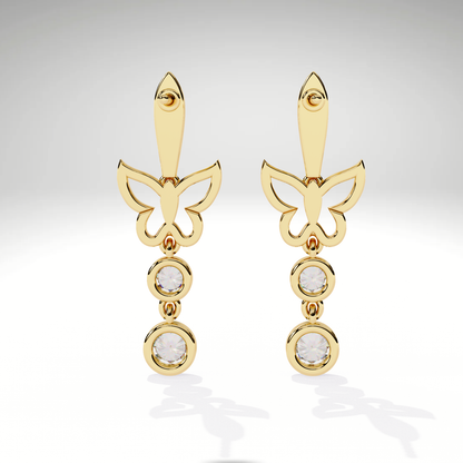 Diamond Butterfly Drop Earrings | 9K-14K-18K Solid Gold, Modern Elegant Design