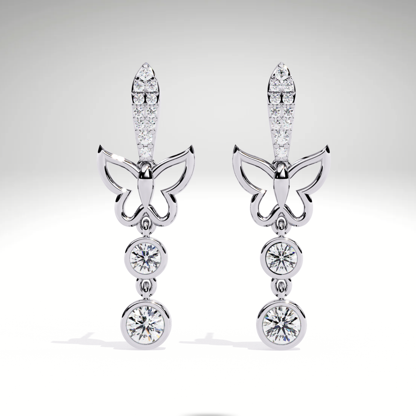Diamond Butterfly Drop Earrings | 9K-14K-18K Solid Gold, Modern Elegant Design