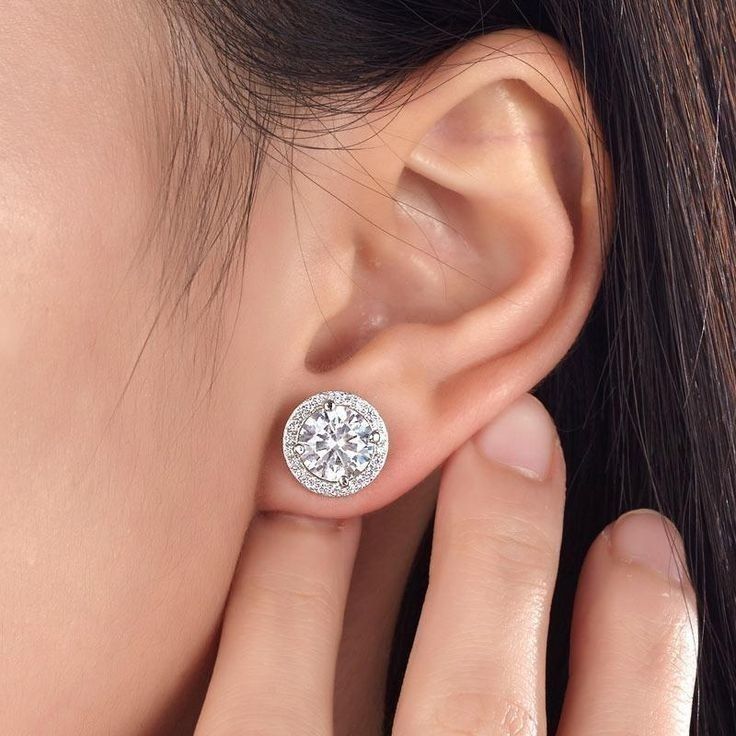 Avarta Sterling Silver 2 Carat Each Halo Solitaire Stud Earring