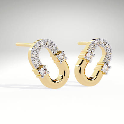 U-Link Stud Earrings | 9K-14K-18K Gold Party Wear Contemporary Pave Diamond Elongated Oval Studs
