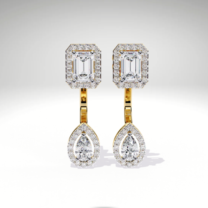 Elegant Emerald Cut Drop Earrings | 9K-14K-18K Solid Gold Pear Dangle Stud | Bridal Statement Earrings | Gift for Her