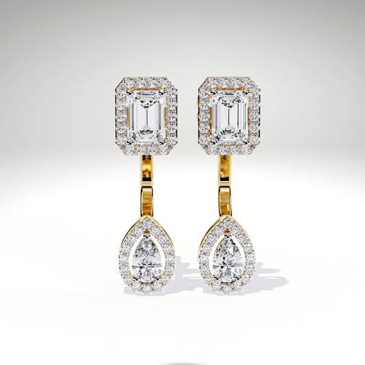 Elegant Emerald Cut Drop Earrings | 9K-14K-18K Solid Gold Pear Dangle Stud | Bridal Statement Earrings | Gift for Her