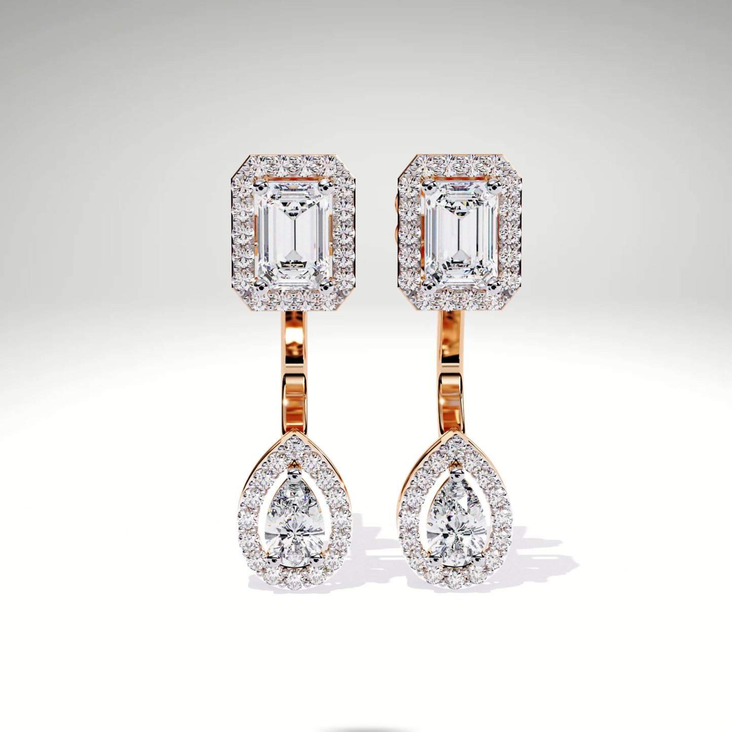 Elegant Emerald Cut Drop Earrings | 9K-14K-18K Solid Gold Pear Dangle Stud | Bridal Statement Earrings | Gift for Her