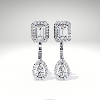 Elegant Emerald Cut Drop Earrings | 9K-14K-18K Solid Gold Pear Dangle Stud | Bridal Statement Earrings | Gift for Her