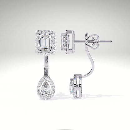 Elegant Emerald Cut Drop Earrings | 9K-14K-18K Solid Gold Pear Dangle Stud | Bridal Statement Earrings | Gift for Her