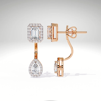 Elegant Emerald Cut Drop Earrings | 9K-14K-18K Solid Gold Pear Dangle Stud | Bridal Statement Earrings | Gift for Her