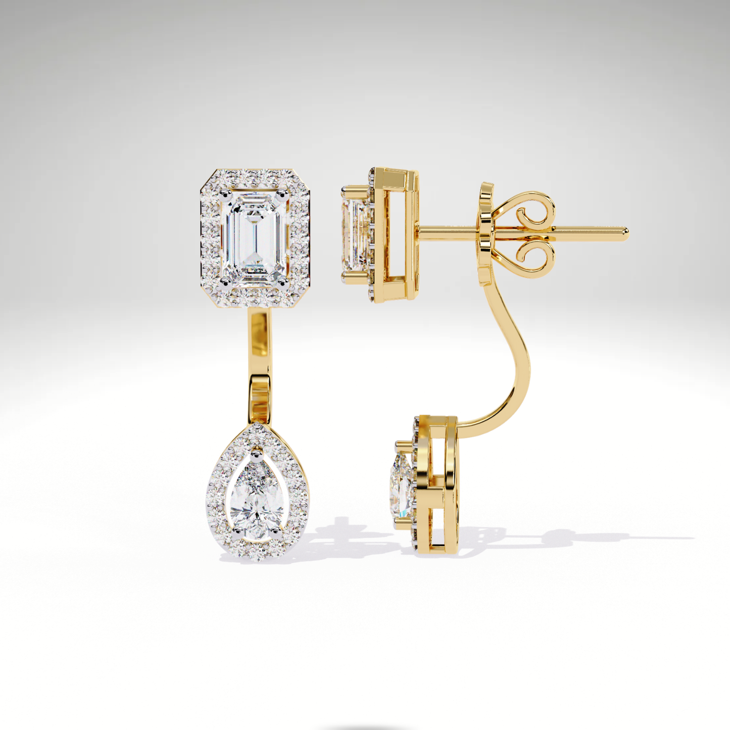 Elegant Emerald Cut Drop Earrings | 9K-14K-18K Solid Gold Pear Dangle Stud | Bridal Statement Earrings | Gift for Her