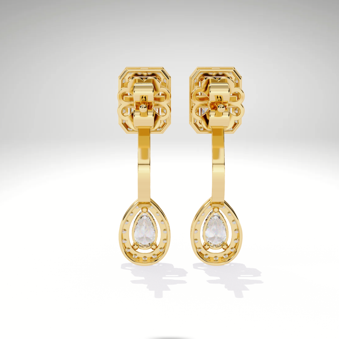 Elegant Emerald Cut Drop Earrings | 9K-14K-18K Solid Gold Pear Dangle Stud | Bridal Statement Earrings | Gift for Her