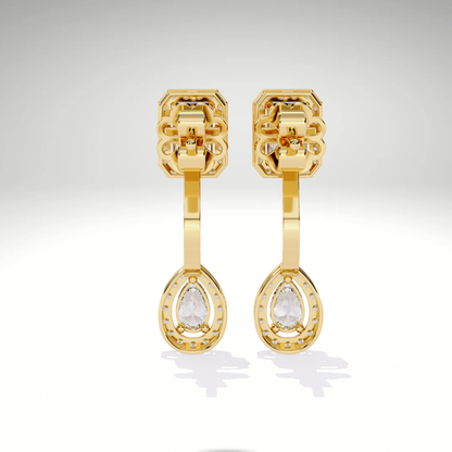 Elegant Emerald Cut Drop Earrings | 9K-14K-18K Solid Gold Pear Dangle Stud | Bridal Statement Earrings | Gift for Her