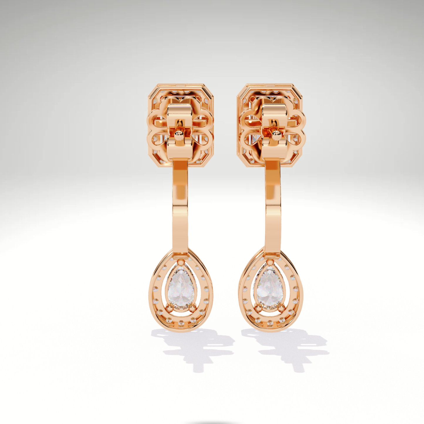 Elegant Emerald Cut Drop Earrings | 9K-14K-18K Solid Gold Pear Dangle Stud | Bridal Statement Earrings | Gift for Her
