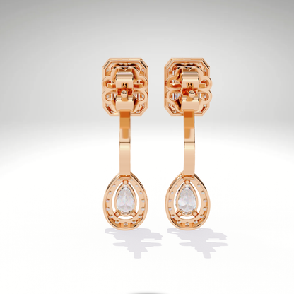 Elegant Emerald Cut Drop Earrings | 9K-14K-18K Solid Gold Pear Dangle Stud | Bridal Statement Earrings | Gift for Her