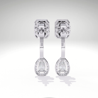 Elegant Emerald Cut Drop Earrings | 9K-14K-18K Solid Gold Pear Dangle Stud | Bridal Statement Earrings | Gift for Her