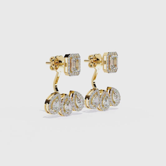 Emerald Cut & Pear Diamond Cascade Earrings | Solid Gold Gift For Her