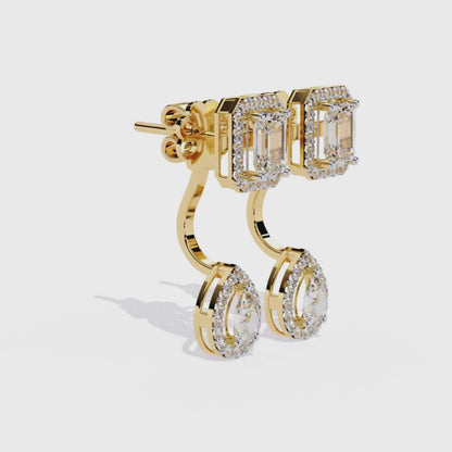 Elegant Emerald Cut Drop Earrings | 9K-14K-18K Solid Gold Pear Dangle Stud | Bridal Statement Earrings | Gift for Her