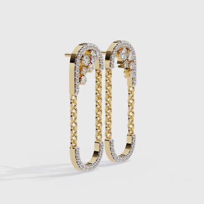 9K-14K-18K Solid Gold Linked Chain Drop Earrings | Pave U Shape Dangle Modern Statement Earrings