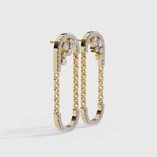 9K-14K-18K Solid Gold Linked Chain Drop Earrings | Pave U Shape Dangle Modern Statement Earrings