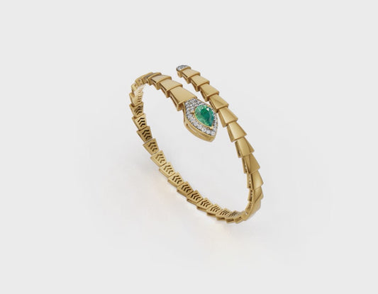925 Sterling Silver Gold Plated Serpenti Snake Bracelet | Pear Lab Grown Emerald & Lab Grown Diamond Statement Luxury Unisex Bracelet