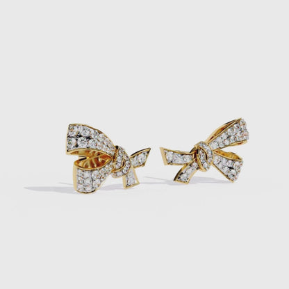 Luxury Diamond Bow Earrings | Pavé Moissanite Ribbon Stud Earrings in 9K-14K-18K Yellow, White & Rose Gold | Bridal Statement Jewelry