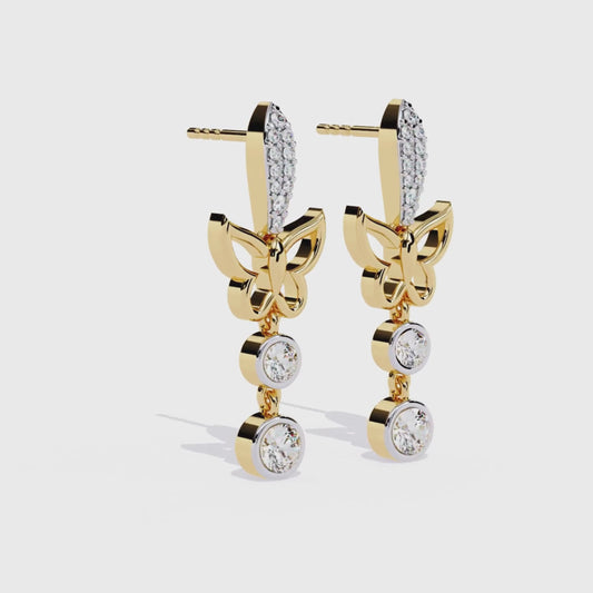 Diamond Butterfly Drop Earrings | 9K-14K-18K Solid Gold, Modern Elegant Design